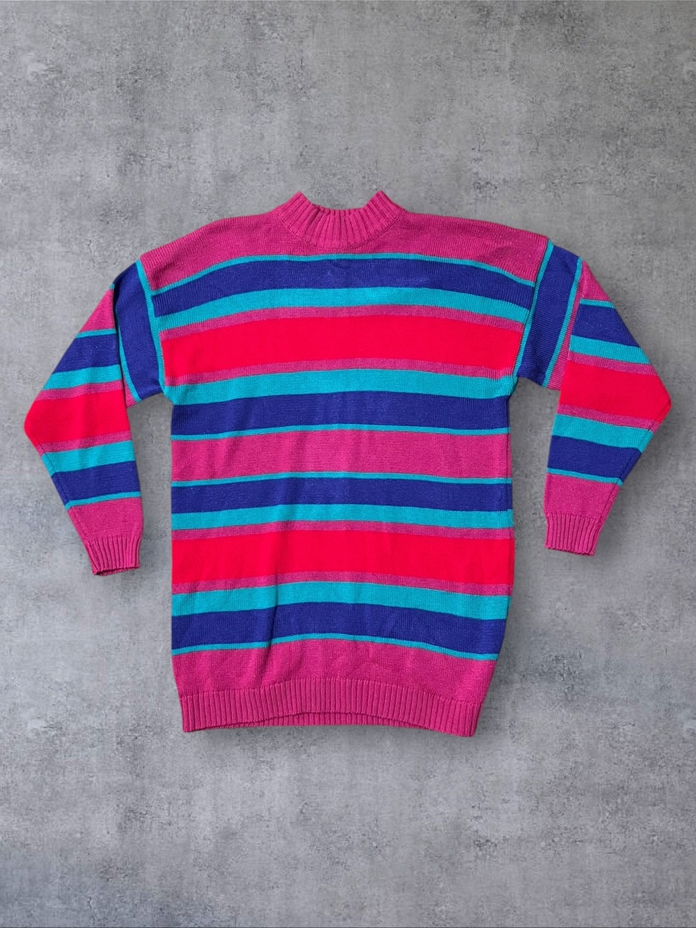 Vintage 80s A'Milano Sz L Pink Red Purple Teal Stripe Knit Sweater